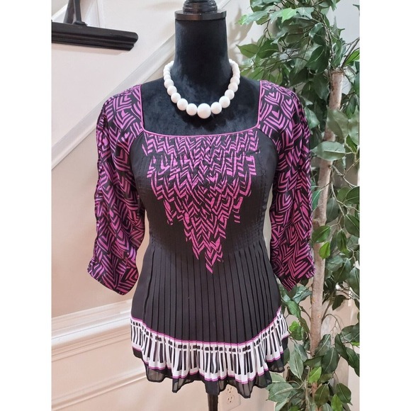 Nicole Miller Women's Black & Pink Pleated Square Neck 3/4 Sleeve Top Blouse 6 - Picture 14 of 15